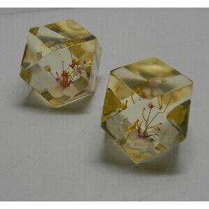 Vintage Lucite Dried Flowers Paperweights Set of 2 Floral Geometric